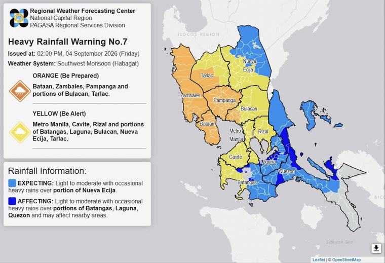 Heavy rainfall alerts still up in Luzon areas on Friday afternoon (Sept. 4)