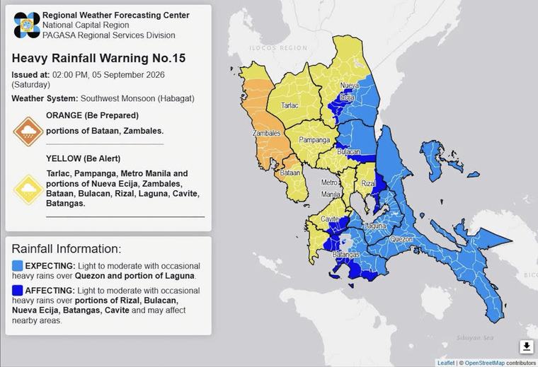 Habagat to bring heavy rains in parts of Luzon Saturday afternoon (Sept. 5)